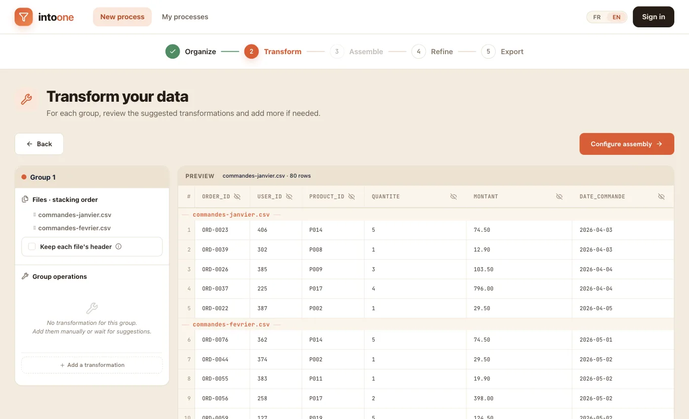 Preview of the merged data in Intoone, ready to transform without a line of code.