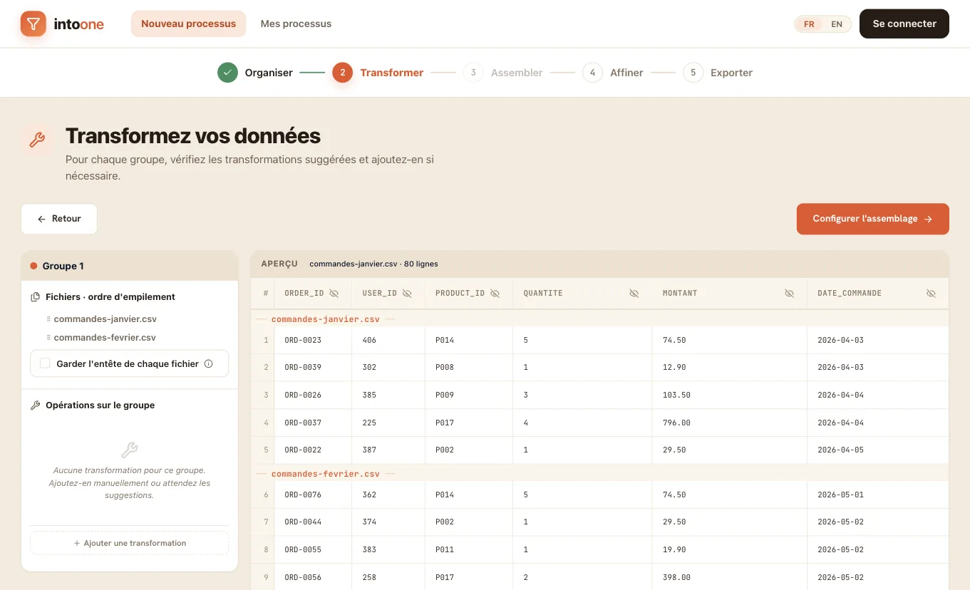 Aperçu des données fusionnées dans Intoone, prêtes à être transformées sans une ligne de code.
